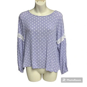 Veveret lilac polka dot shirt size medium long sleeve with lace cutout
